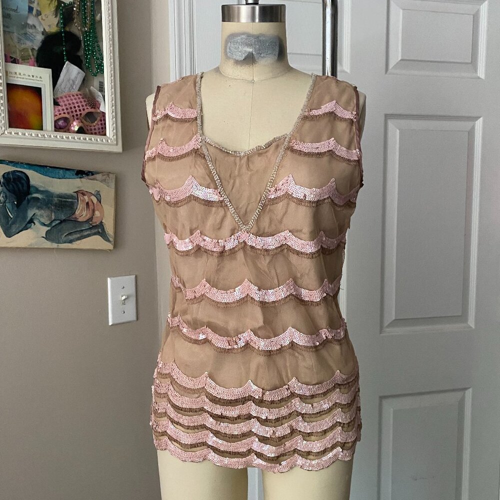 RAMPAGE Nude Y2K 100% Silk ART DECO Scallop Sequins Camisole Tank shirt *MEDIUM*